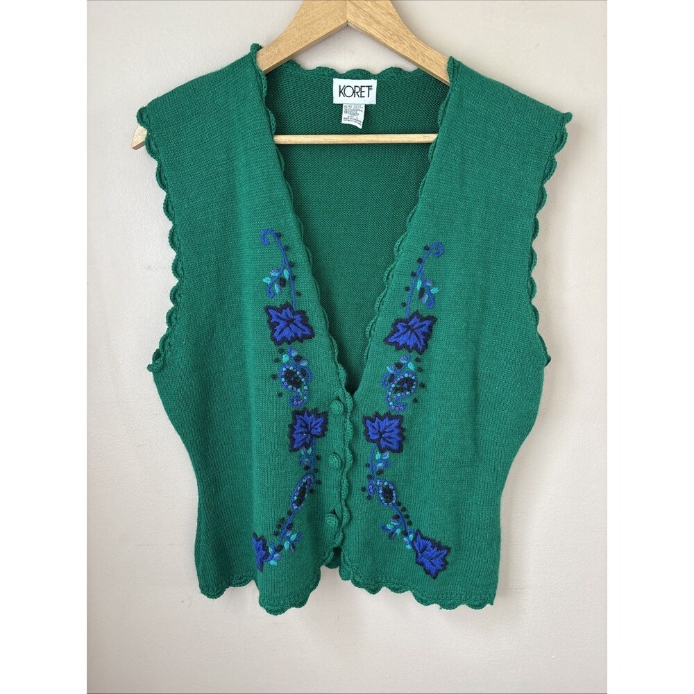 Vintage Koret Sweater Vest Womens L Green Floral Embroidered 80s